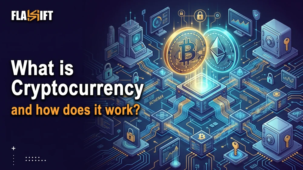 3D illustration explaining what cryptocurrency is and how decentralized blockchain networks work.
