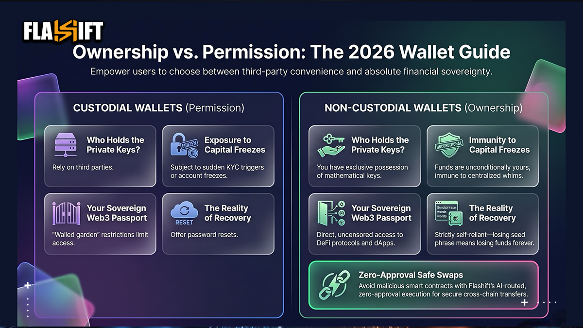 3D concept art comparing custodial exchange security with non-custodial wallet sovereignty.