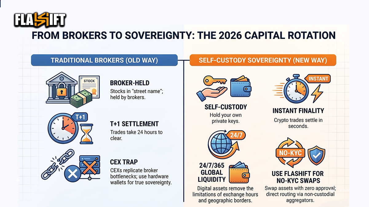 nfographic matrix comparing traditional stock market features with sovereign cryptocurrency execution.