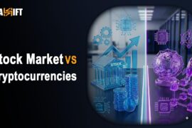 3D illustration comparing traditional stock market architecture with decentralized cryptocurrency networks.