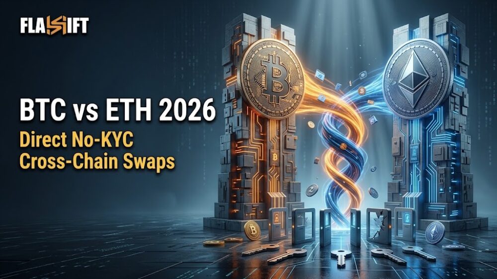 3D visualization of a direct, non-custodial cross-chain swap between Bitcoin and Ethereum bypassing traditional bridges.