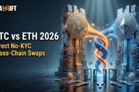 3D visualization of a direct, non-custodial cross-chain swap between Bitcoin and Ethereum bypassing traditional bridges.
