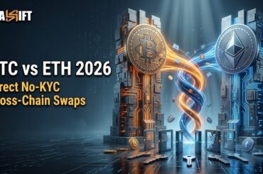 3D visualization of a direct, non-custodial cross-chain swap between Bitcoin and Ethereum bypassing traditional bridges.
