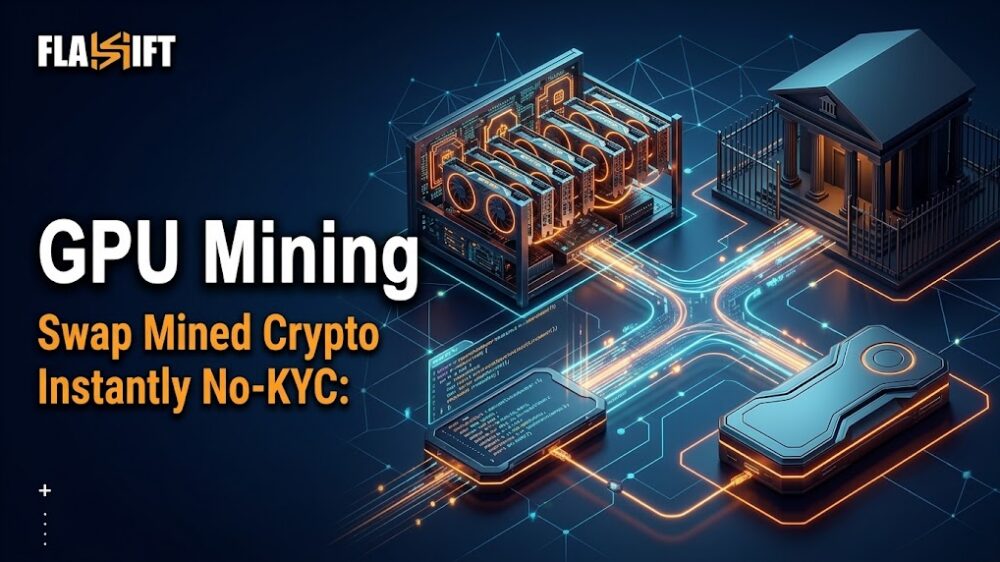 3D illustration of a GPU mining rig swapping crypto rewards securely eliminating centralized exchanges.