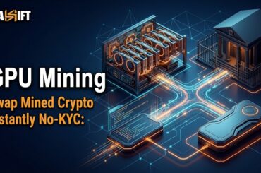 3D illustration of a GPU mining rig swapping crypto rewards securely eliminating centralized exchanges.