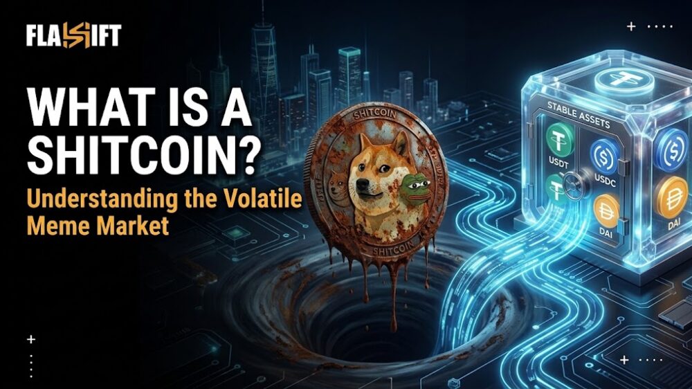 Digital illustration of escaping a crashing shitcoin and safely routing capital to stable liquidity.