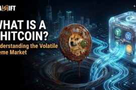 Digital illustration of escaping a crashing shitcoin and safely routing capital to stable liquidity.