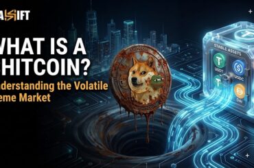 Digital illustration of escaping a crashing shitcoin and safely routing capital to stable liquidity.