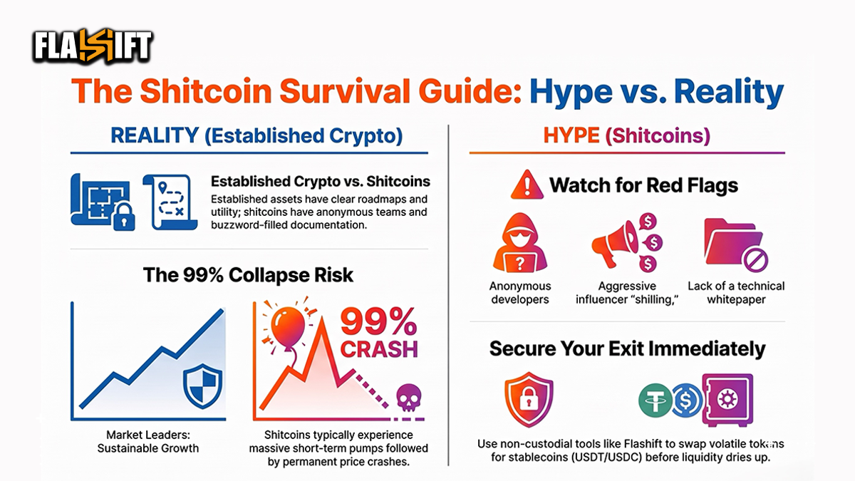 Comparison chart contrasting the infrastructure of Established Cryptocurrencies versus typical Shitcoins.