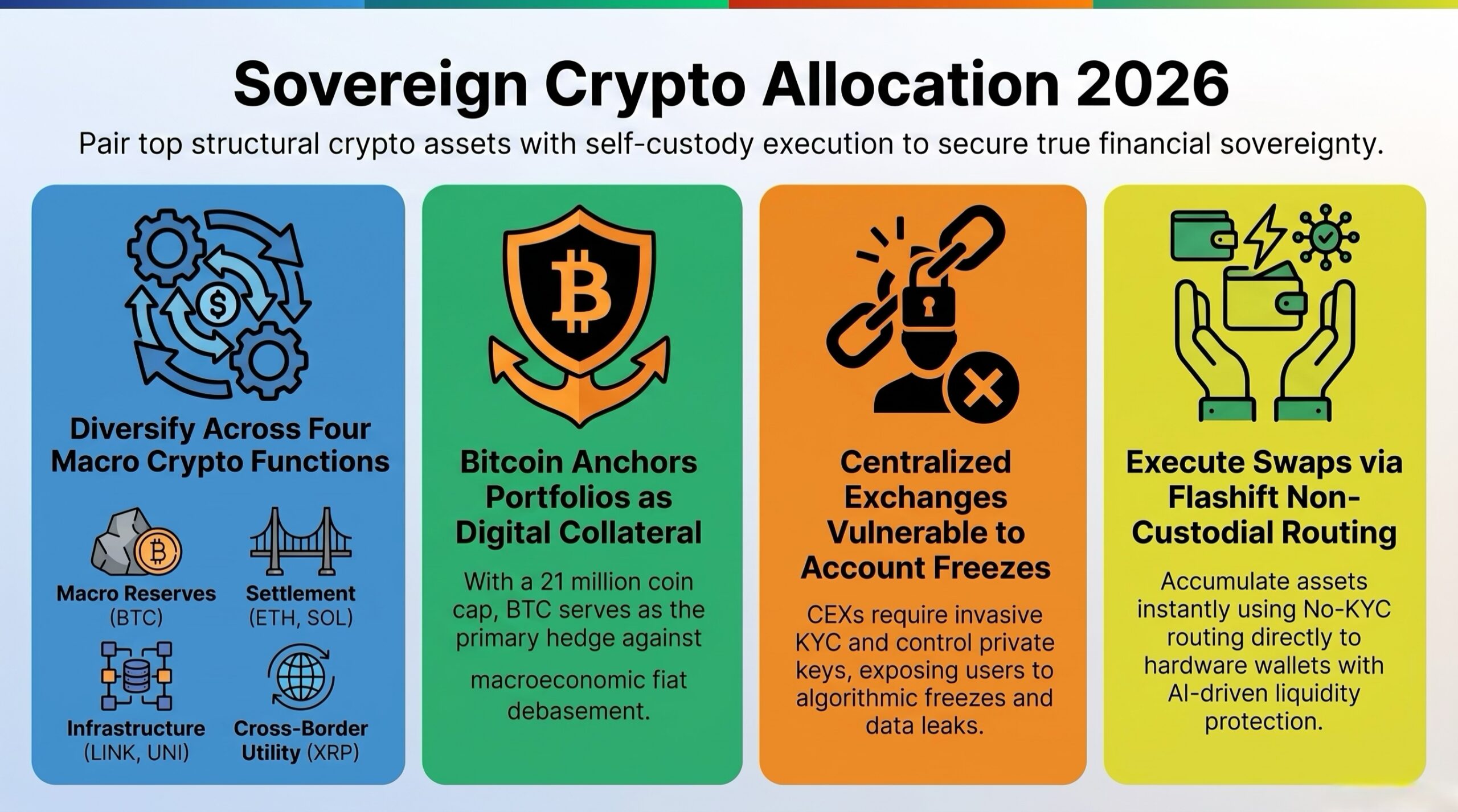 Infographic matrix classifying the best cryptocurrencies to accumulate in 2026 by macroeconomic function and sovereign execution strategy.