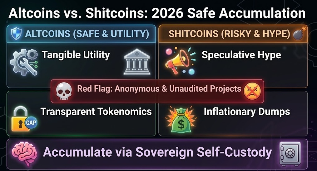 Infographic matrix comparing utility-driven altcoins with speculative shitcoins in 2026.