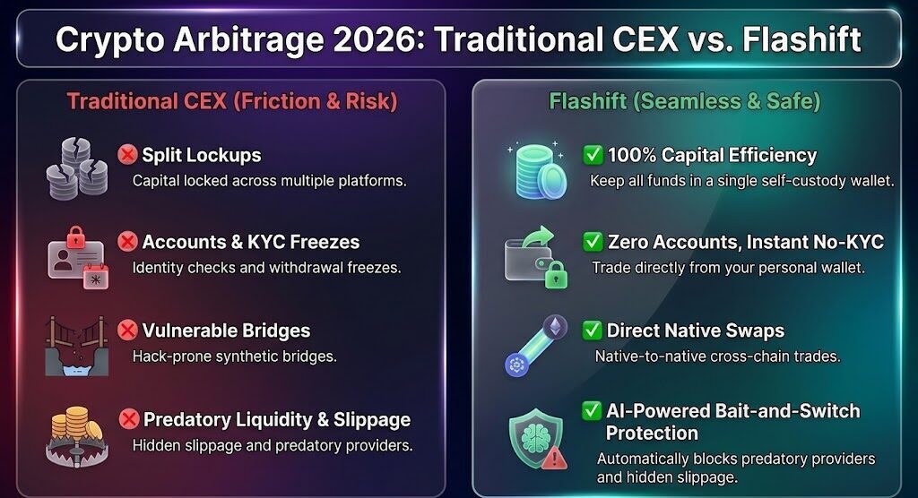Infographic matrix contrasting traditional CEX arbitrage delays with sovereign non-custodial crypto execution.