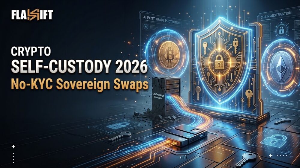 3D visualization of self-custody financial sovereignty and secure no-KYC crypto swapping.