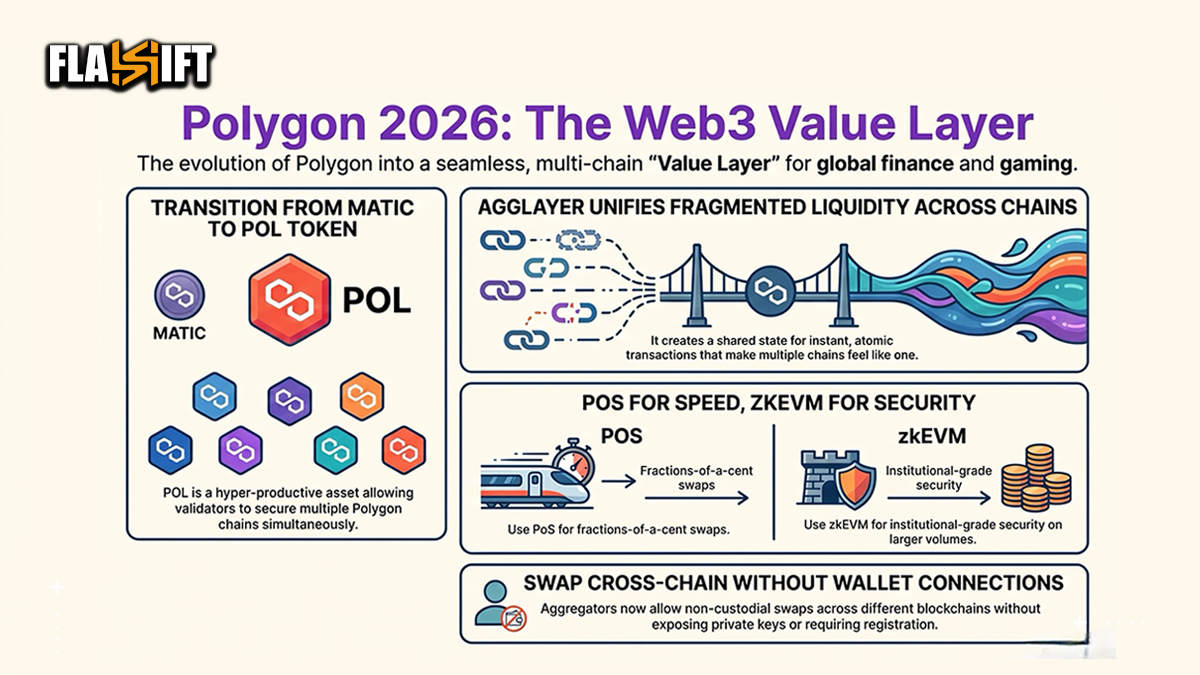 Strategic matrix highlighting the execution layers of Polygon in 2026 and the security of Flashift's non-custodial AI routing.