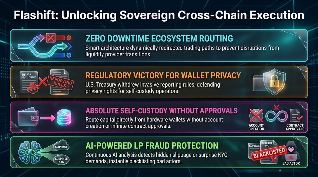 Infographic illustrating the core principles of non-custodial, no-KYC sovereign crypto execution.