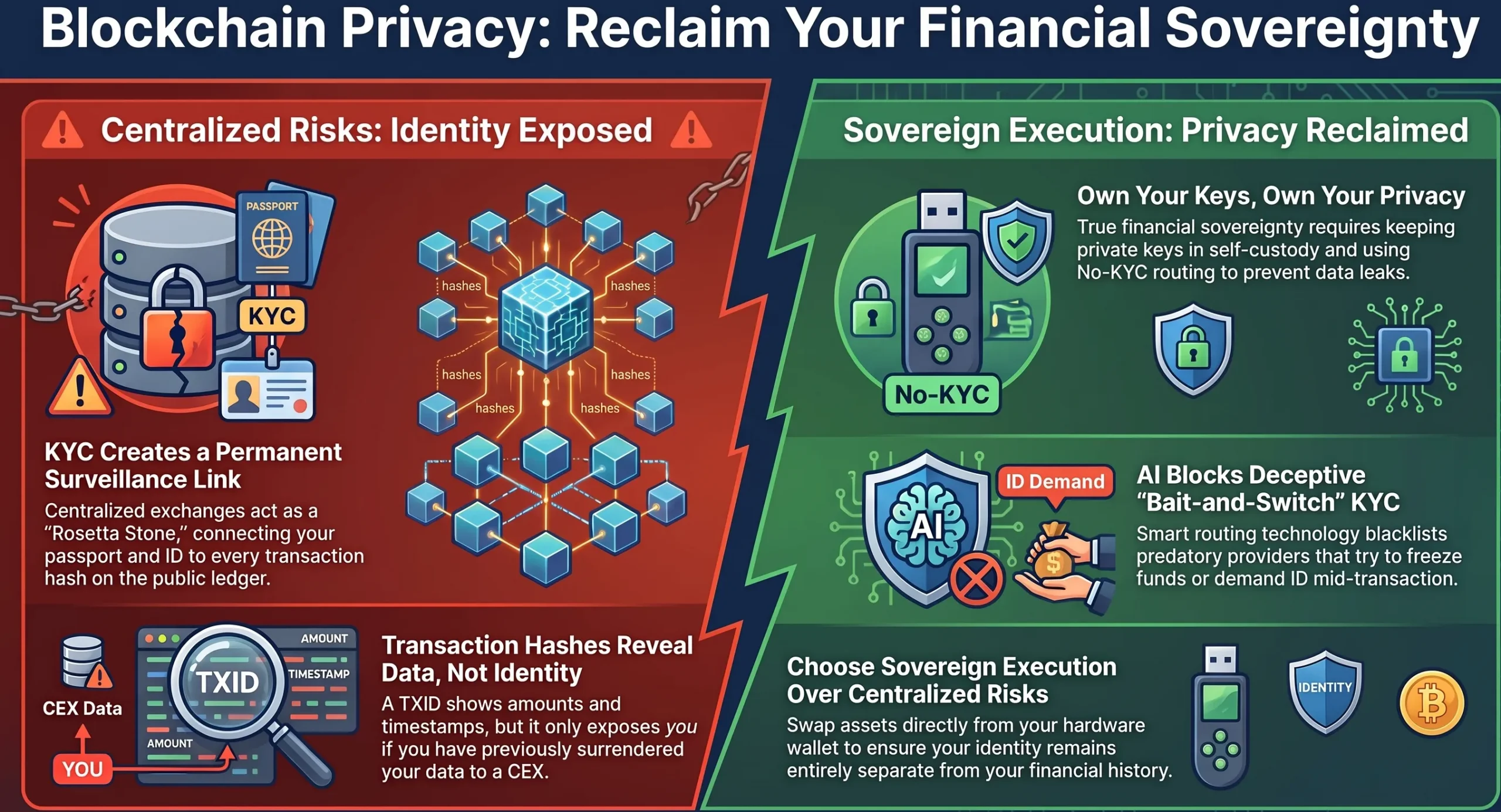 Infographic matrix contrasting centralized exchange surveillance with sovereign non-custodial execution.
