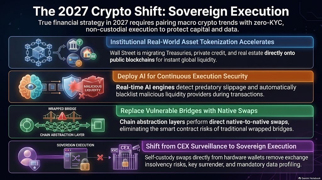 Infographic matrix contrasting centralized exchange surveillance with sovereign non-custodial crypto execution in 2027.