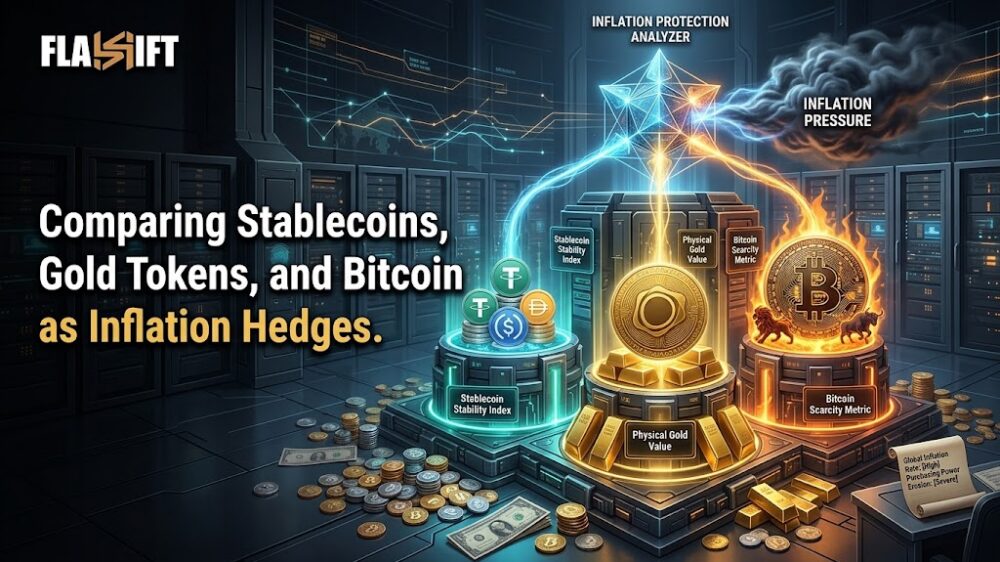 3D visualization contrasting fiat inflation with tokenized gold and Bitcoin non-custodial asset rotation.