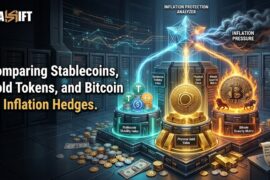 3D visualization contrasting fiat inflation with tokenized gold and Bitcoin non-custodial asset rotation.