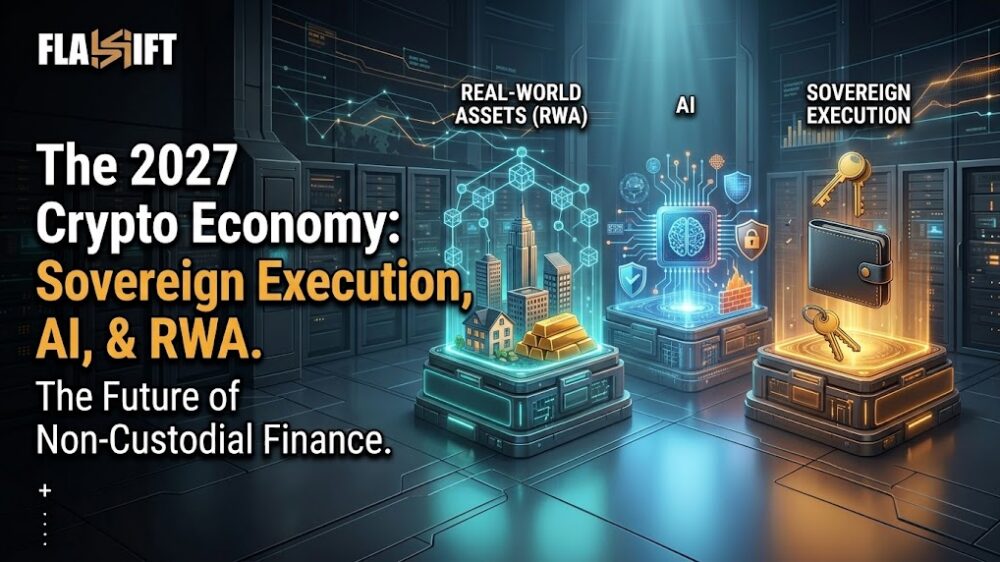 3D visualization of 2027 crypto trends, RWA tokenization, and sovereign non-custodial execution bypassing centralized surveillance.