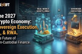 3D visualization of 2027 crypto trends, RWA tokenization, and sovereign non-custodial execution bypassing centralized surveillance.