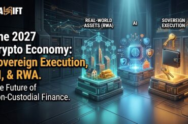 3D visualization of 2027 crypto trends, RWA tokenization, and sovereign non-custodial execution bypassing centralized surveillance.