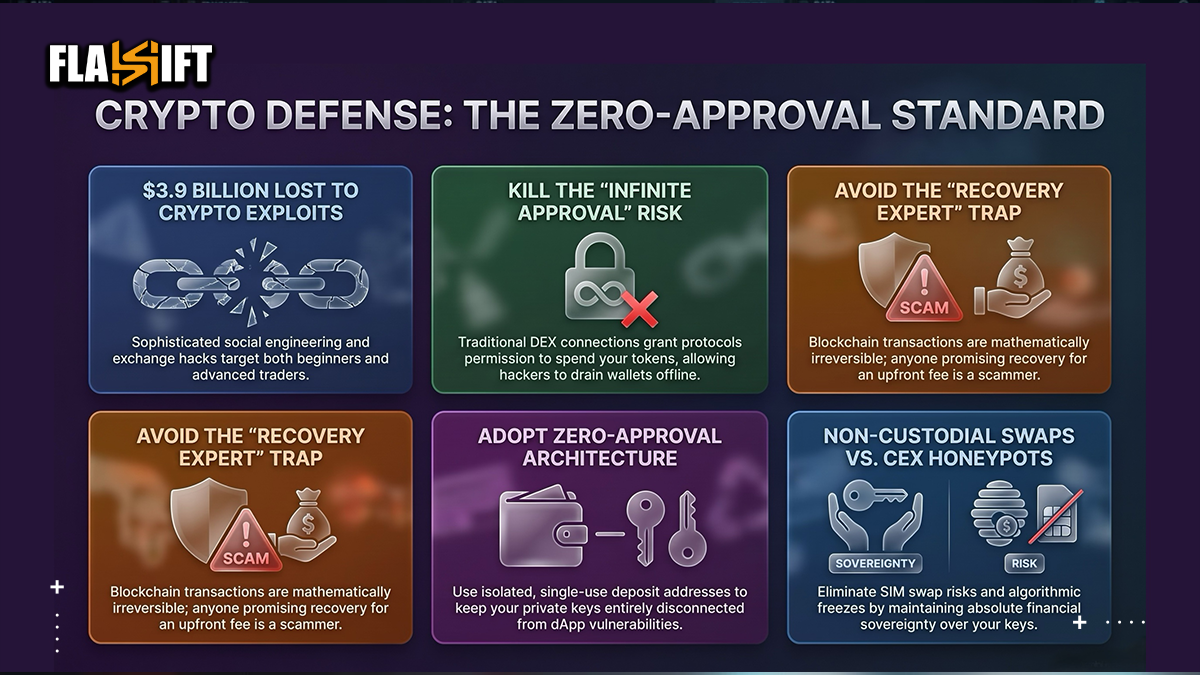 Security comparison matrix of CEX, DEX, and Zero-Approval crypto swaps.