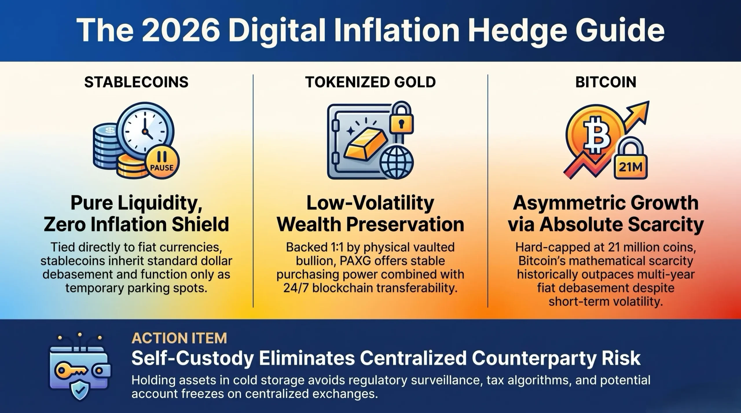 Infographic matrix evaluating stablecoins, tokenized gold, and Bitcoin across inflation resilience and custody security in 2026. Infographic matrix evaluating stablecoins, tokenized gold, and Bitcoin across inflation resilience and custody security in 2026.