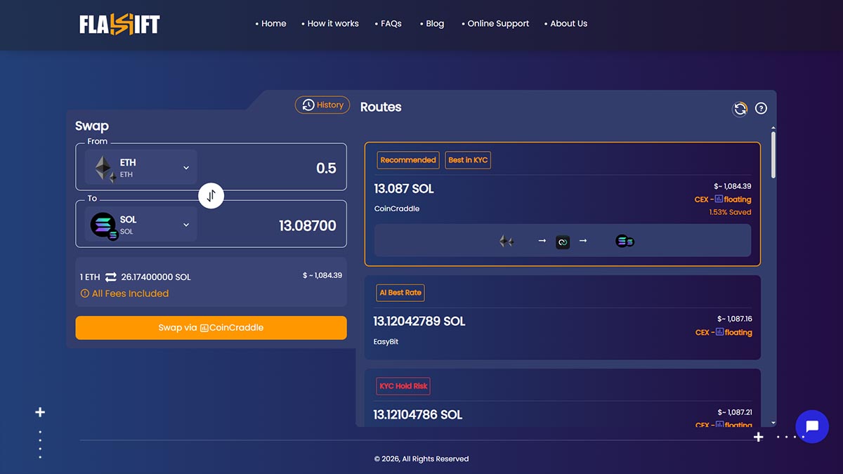 exchanging ETH to SOL in flashift