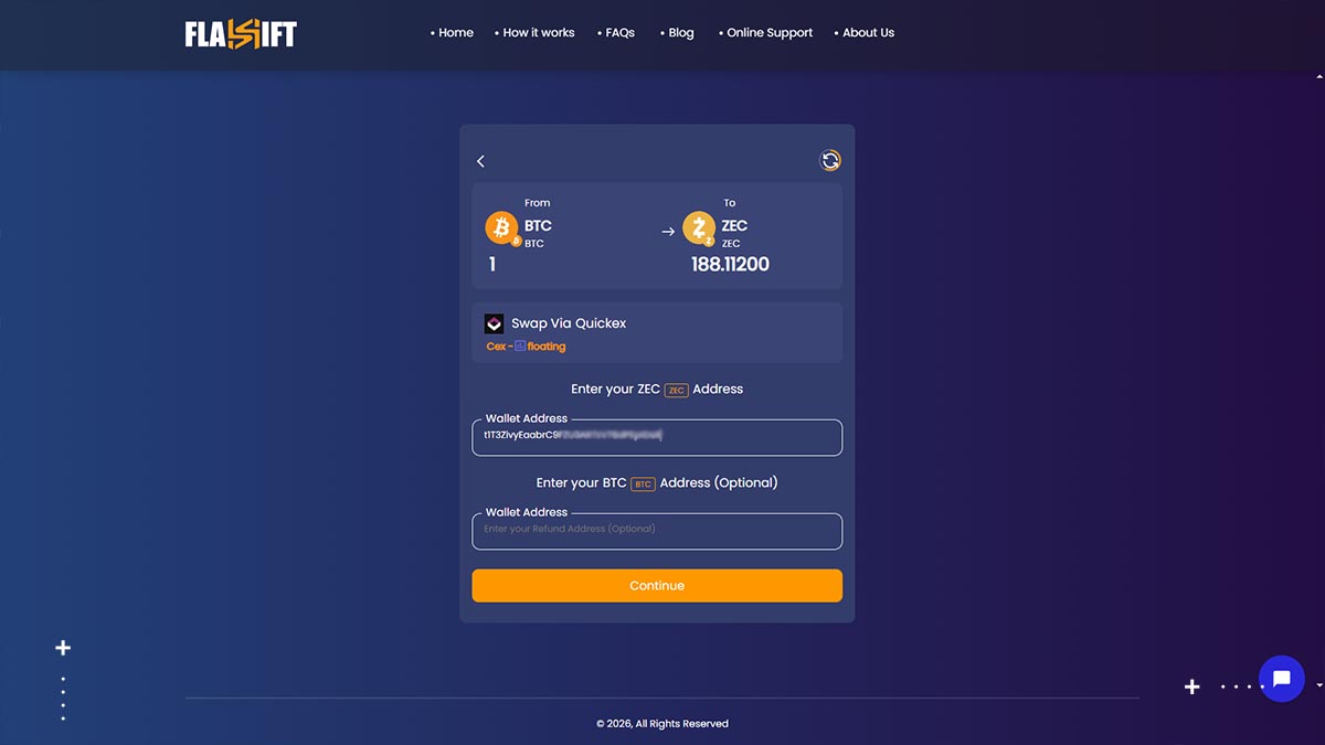 Flashift btc to zec t-address