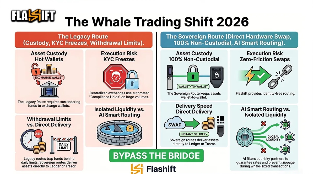 Legay CEX route vs. Flashift sovereign hardware wallet secure swap comparison infographic.