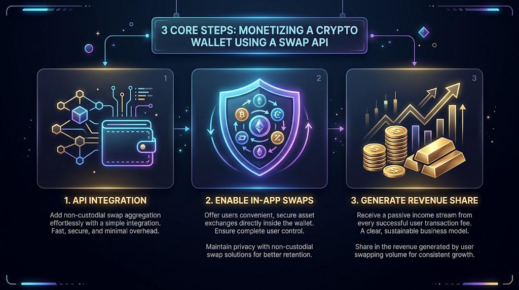 Step-by-step infographic showing in-app crypto swap API integration for wallet developers