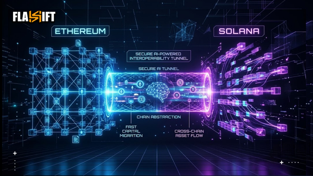 AI-routed cross-chain swap transferring Ethereum to native Solana seamlessly.