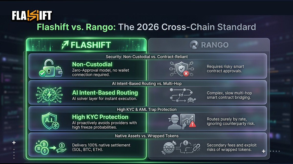 Comparison table detailing the security, fees, and KYC protection differences between Rango Exchange and Flashift.