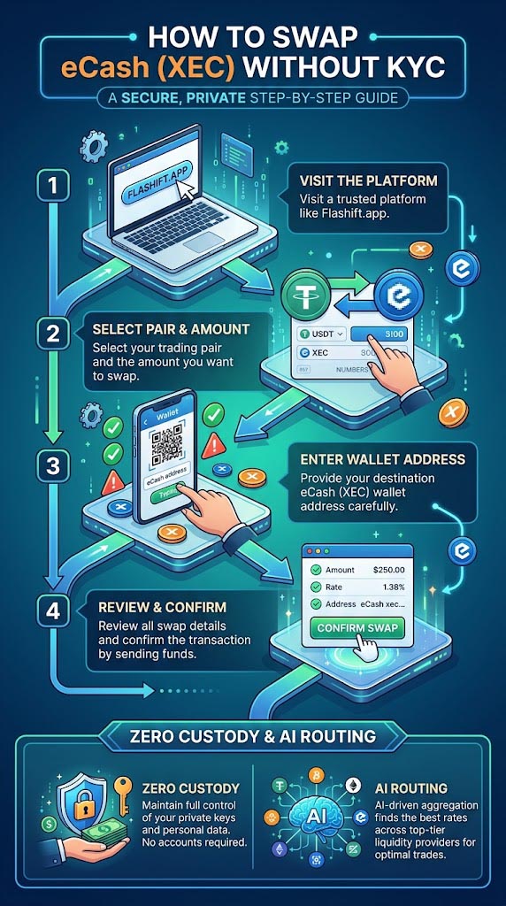 Step-by-step infographic showing how to swap eCash XEC instantly without KYC on Flashift.