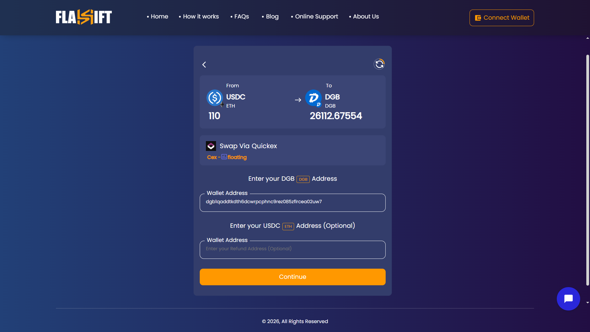 Swap USDC to DGB without KYC on Flashift (2)