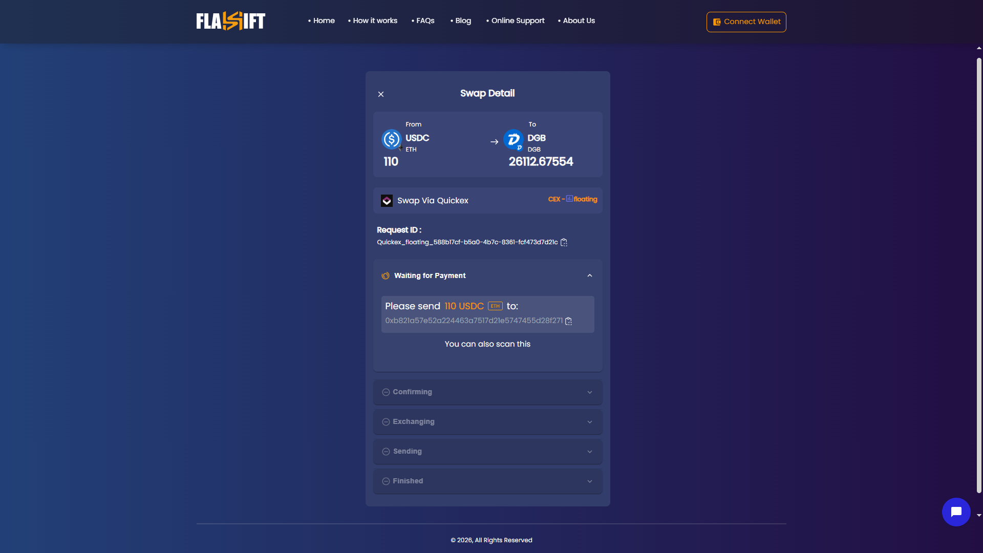 Swap USDC to DGB without KYC on Flashift (4)