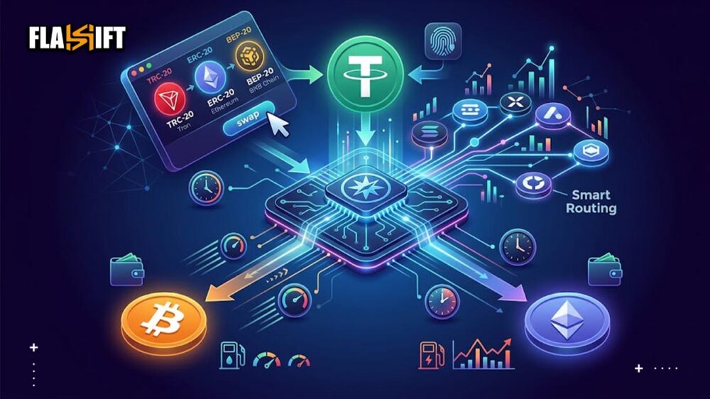 3D visualization of no-KYC cross-chain crypto swap from USDT to BTC and ETH