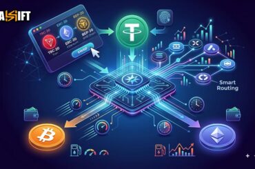 3D visualization of no-KYC cross-chain crypto swap from USDT to BTC and ETH