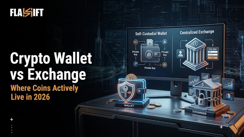 Visual comparison of a centralized crypto exchange versus a secure self-custodial crypto wallet.