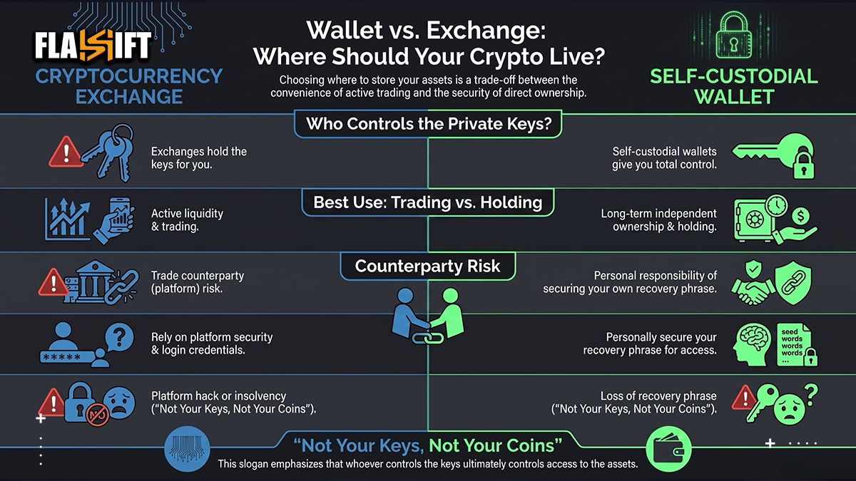Comparison chart detailing the differences between a cryptocurrency exchange and a self-custodial wallet