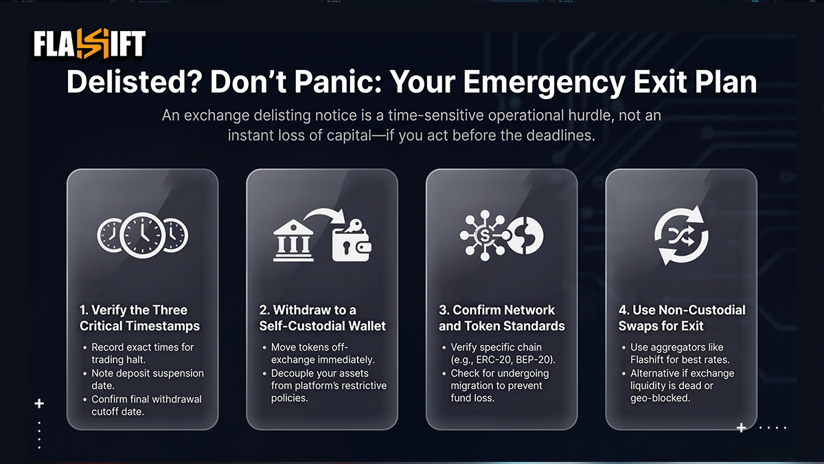 An 8-step emergency checklist for crypto traders facing an exchange coin delisting.