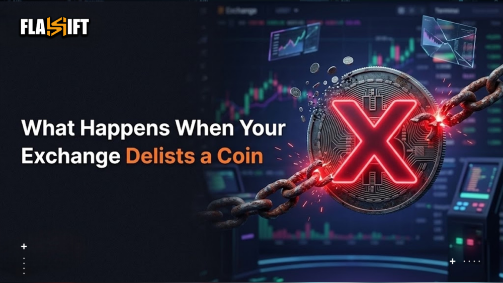 Digital illustration of a cryptocurrency escaping a closing centralized exchange vault via a secure non-custodial route.