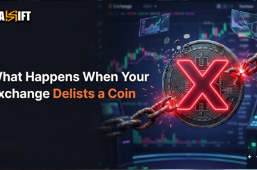 Digital illustration of a cryptocurrency escaping a closing centralized exchange vault via a secure non-custodial route.