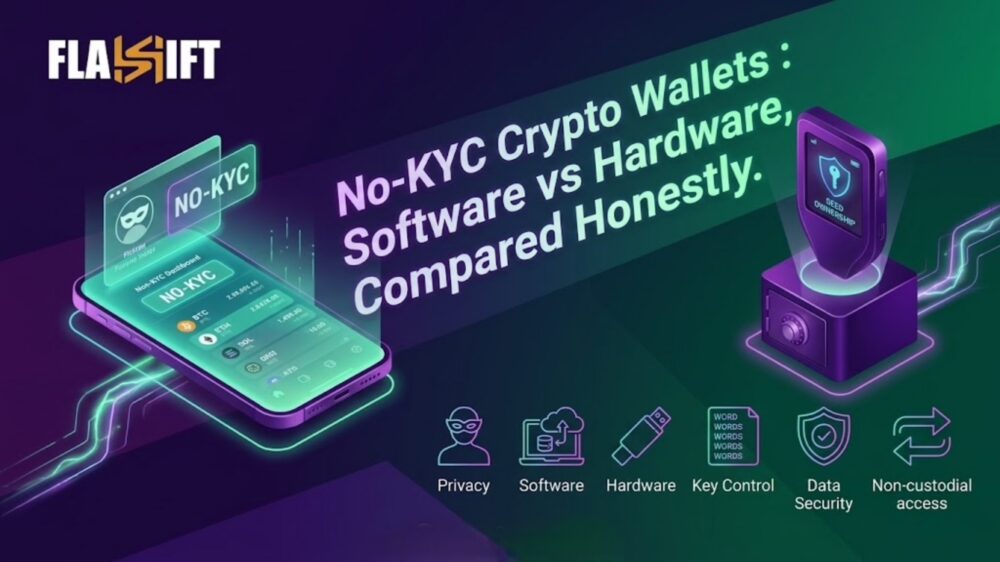 Comparison of hardware and software no-KYC crypto wallets connected to Flashift AI routing.